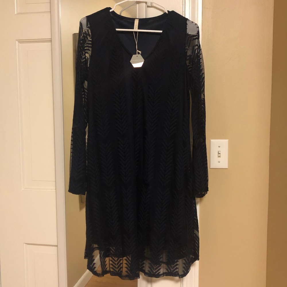 Navy Mesh Overlay Maternity Dress